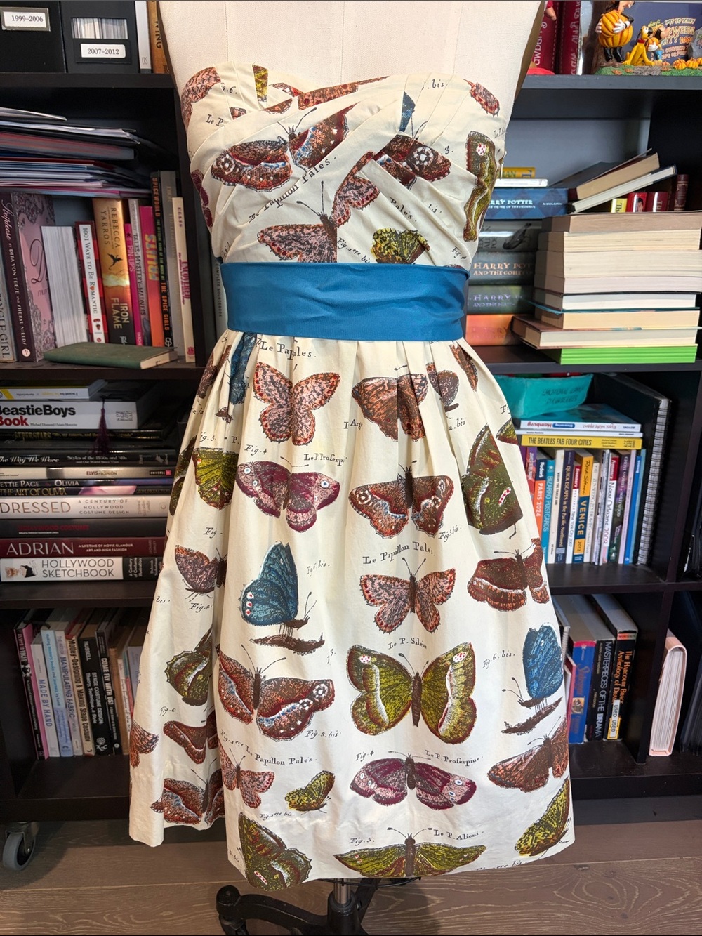 Anthropologie Cream Strapless Butterfly Print Dress with Teal Waistband